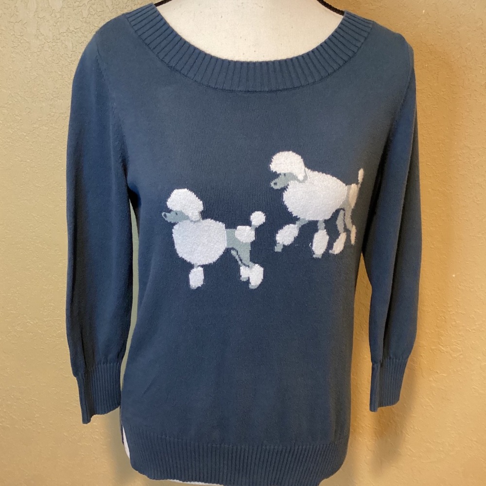 Loft Factory Slate Blue Crewneck Sweater, White‎ Poodle Embroidery, Size XS
